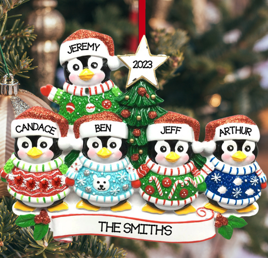 Personalized Christmas Sweater Penguin Family of 5 Ornament - Custom Holiday Gift