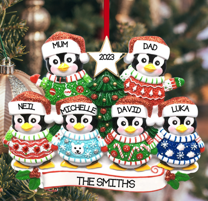 Personalized Christmas Sweater Penguin Family of 6 Ornament - Custom Holiday Gift