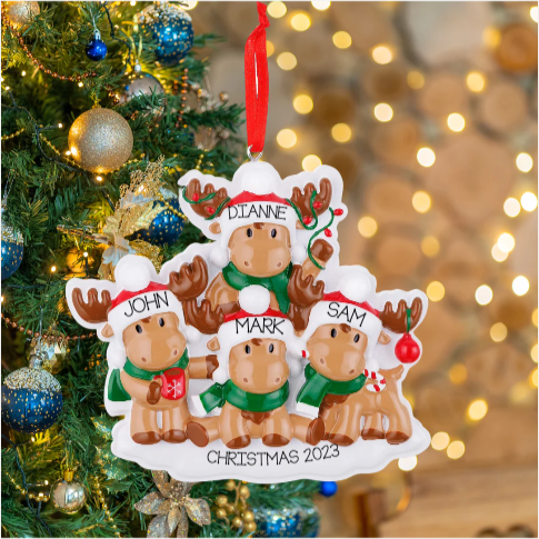 Personalized Cutesy Moose Couple Family of 4 Ornament - Custom Holiday Gift