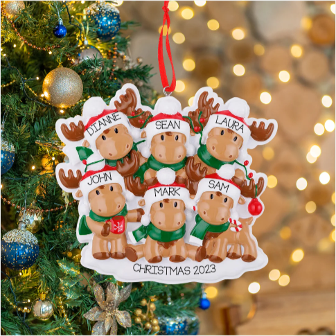 Personalized Cutesy Moose Couple Family of 6 Ornament - Custom Holiday Gift