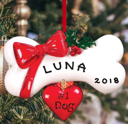 Personalized #1 Dog Bone with Bow Ornament, custom holiday gift
