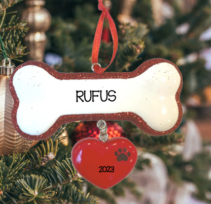 Personalized Dog Bone with Heart Ornament - Custom Holiday Gift