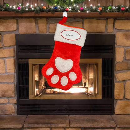 Personalized Dog Paw (Red & White) Stocking - Custom Holiday Gift