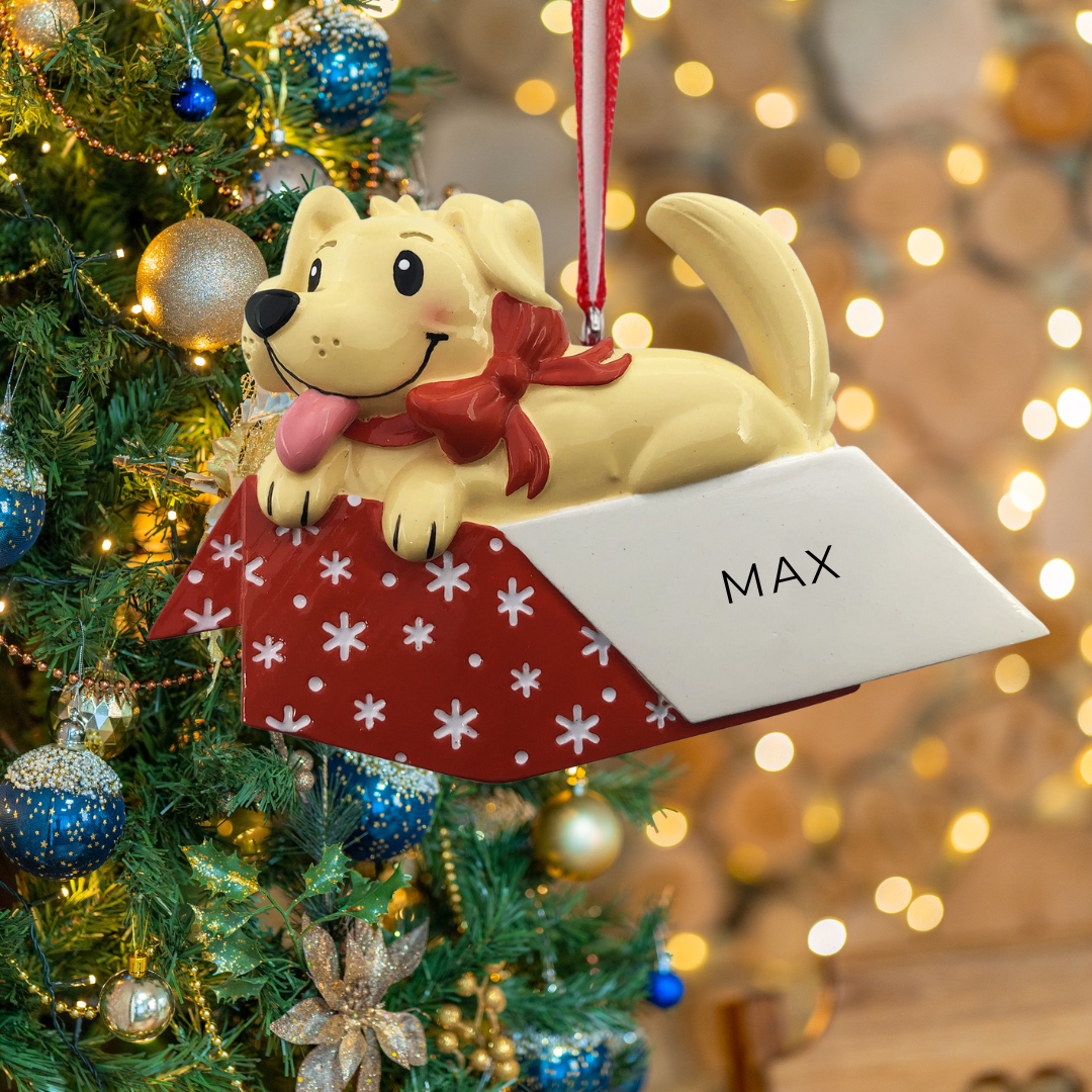 Personalized Dog in Present Ornament - Custom Holiday Gift