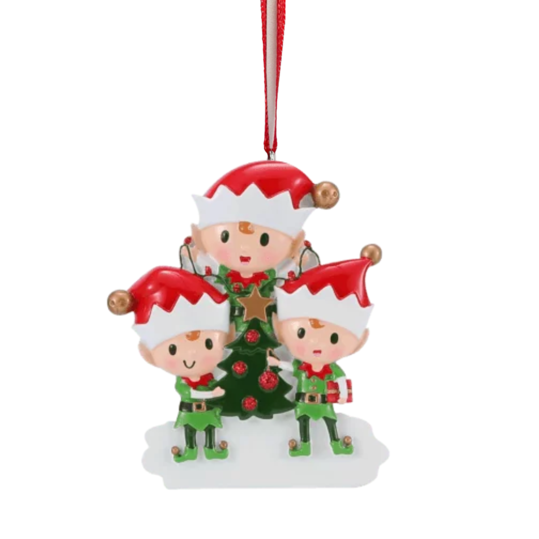 Personalized Elves Family of 3 Ornament - Custom Holiday Gift