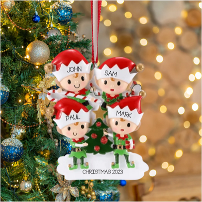 Personalized Elves Family of 4 Ornament - Custom Holiday Gift