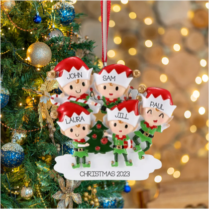 Personalized Elves Family of 5 Ornament - Custom Holiday Gift