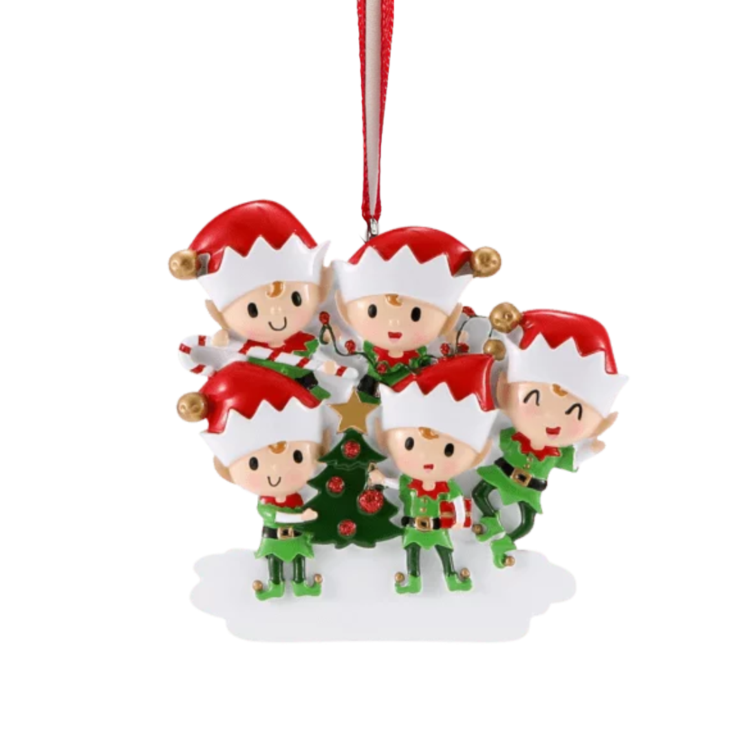 Personalized Elves Family of 5 Ornament - Custom Holiday Gift