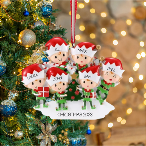 Personalized Elves Family of 6 Ornament - Custom Holiday Gift