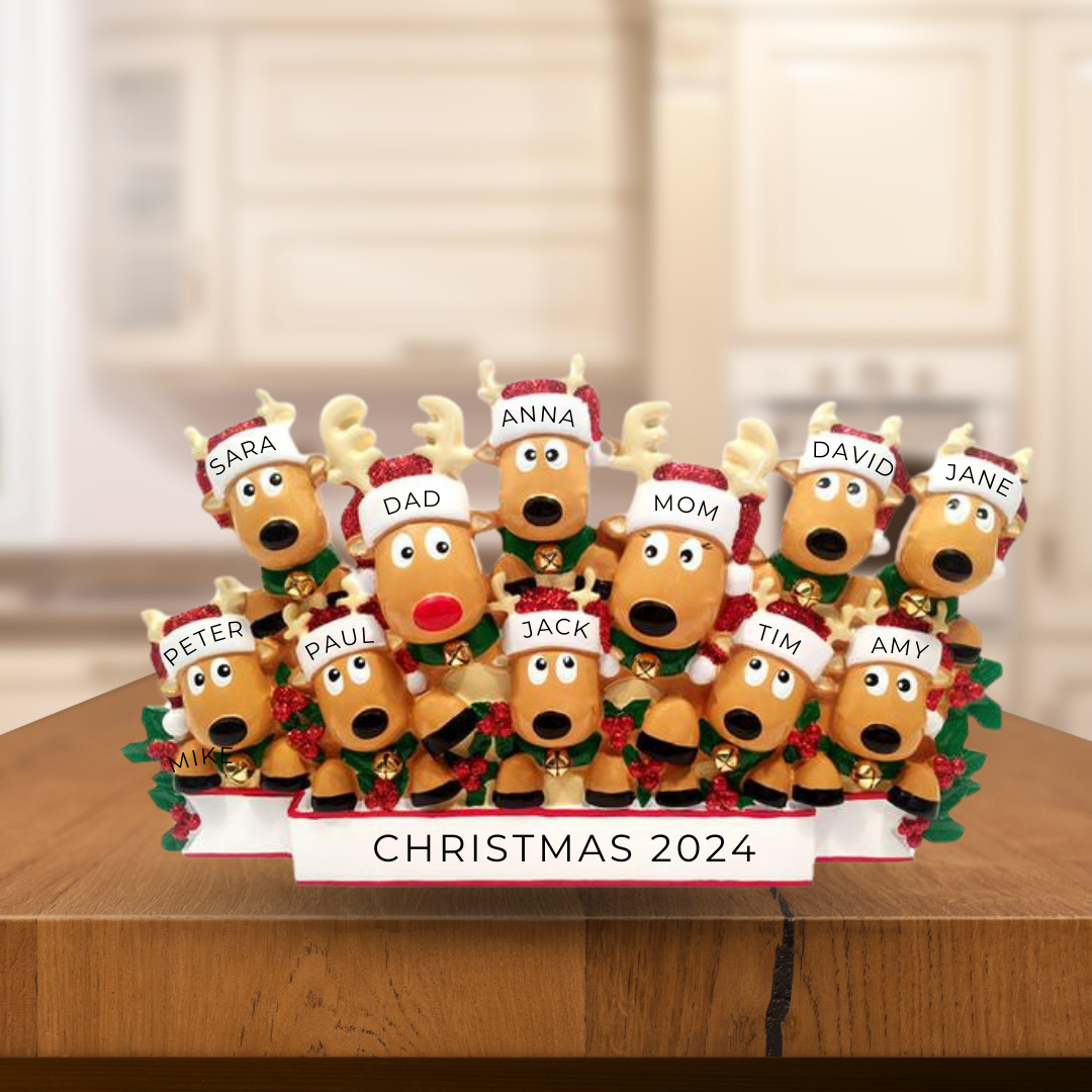 Personalized Reindeer Family of 11- Table Topper Stand Decoration - Custom Holiday Gift