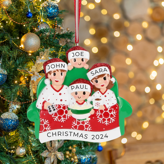 Personalized Family of 4 Movie Night Ornament - Custom Holiday Gift