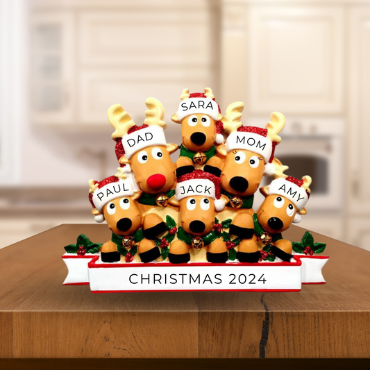 Personalized Reindeer Family of 6- Table Topper Stand Decoration - Custom Holiday Gift