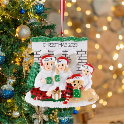 Personalized Fireplace Family of 3 with Dog Ornament - Custom Holiday Gift