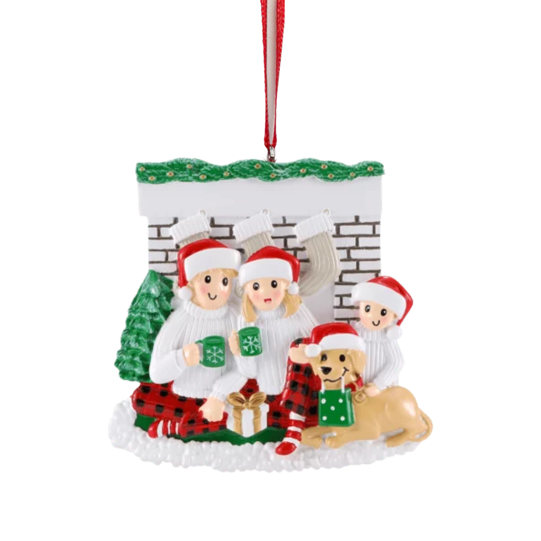 Personalized Fireplace Family of 3 with Dog Ornament - Custom Holiday Gift