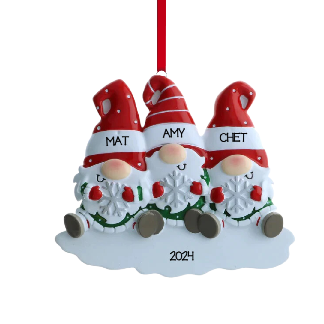 Personalized Gnome Family of 3 Ornament - Custom Holiday Gift