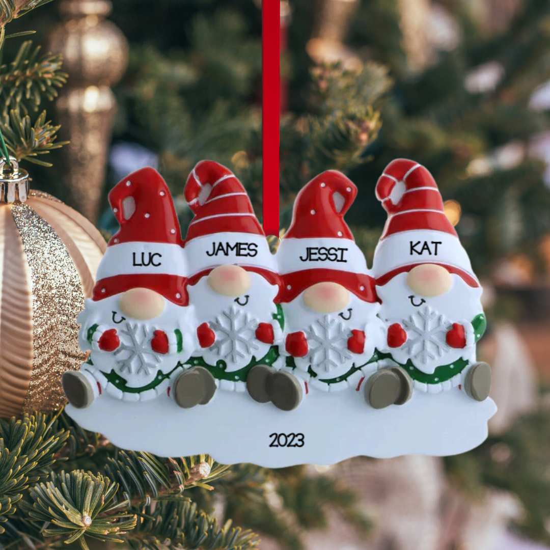 Personalized Gnome Family of 4 Ornament - Custom Holiday Gift