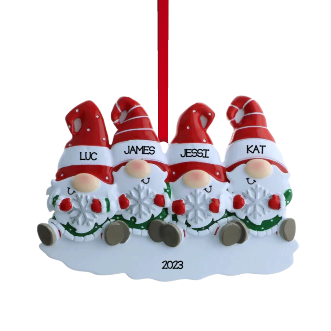 Personalized Gnome Family of 4 Ornament - Custom Holiday Gift