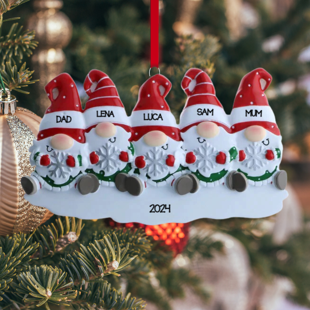 Personalized Gnome Family of 5 Ornament - Custom Holiday Gift