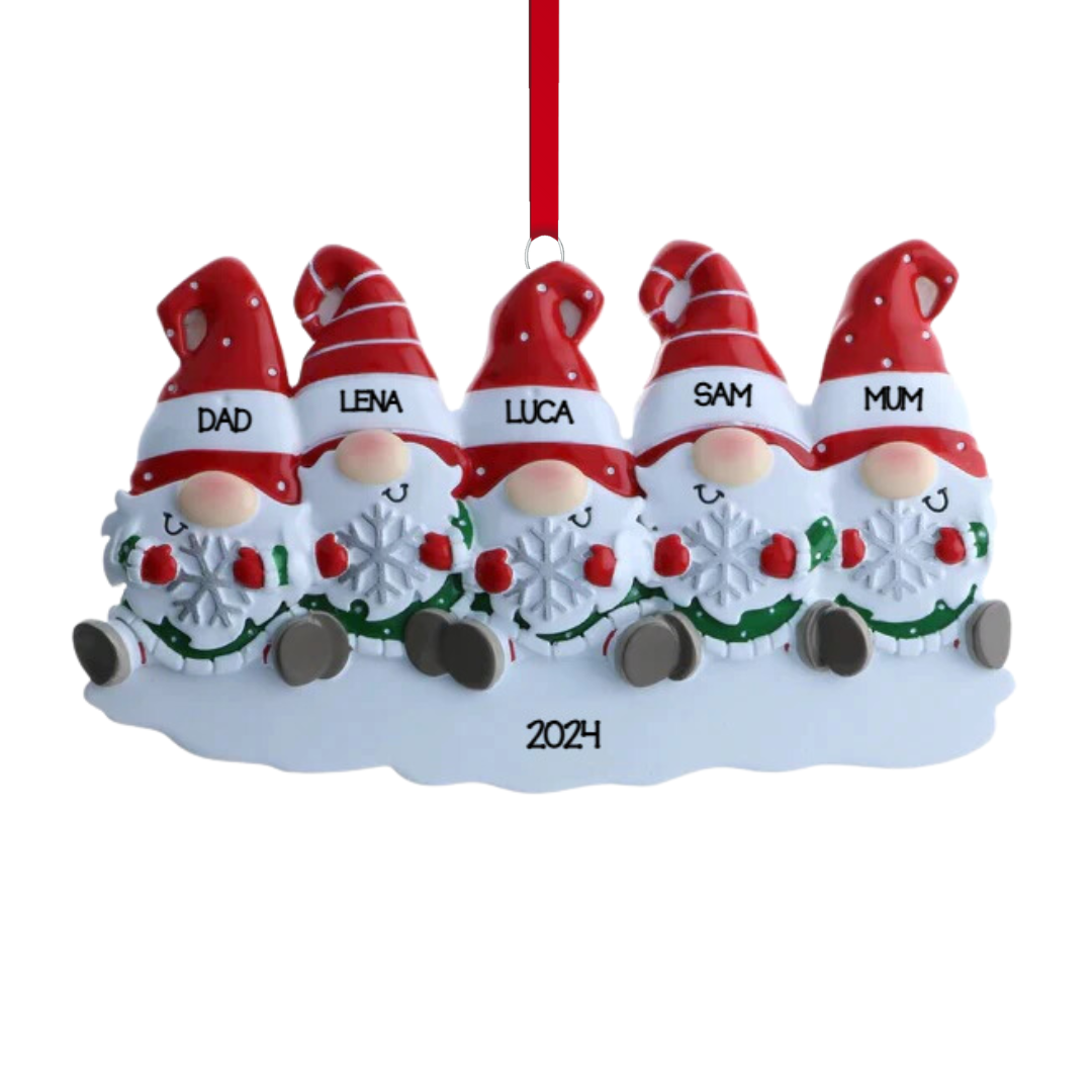 Personalized Gnome Family of 5 Ornament - Custom Holiday Gift