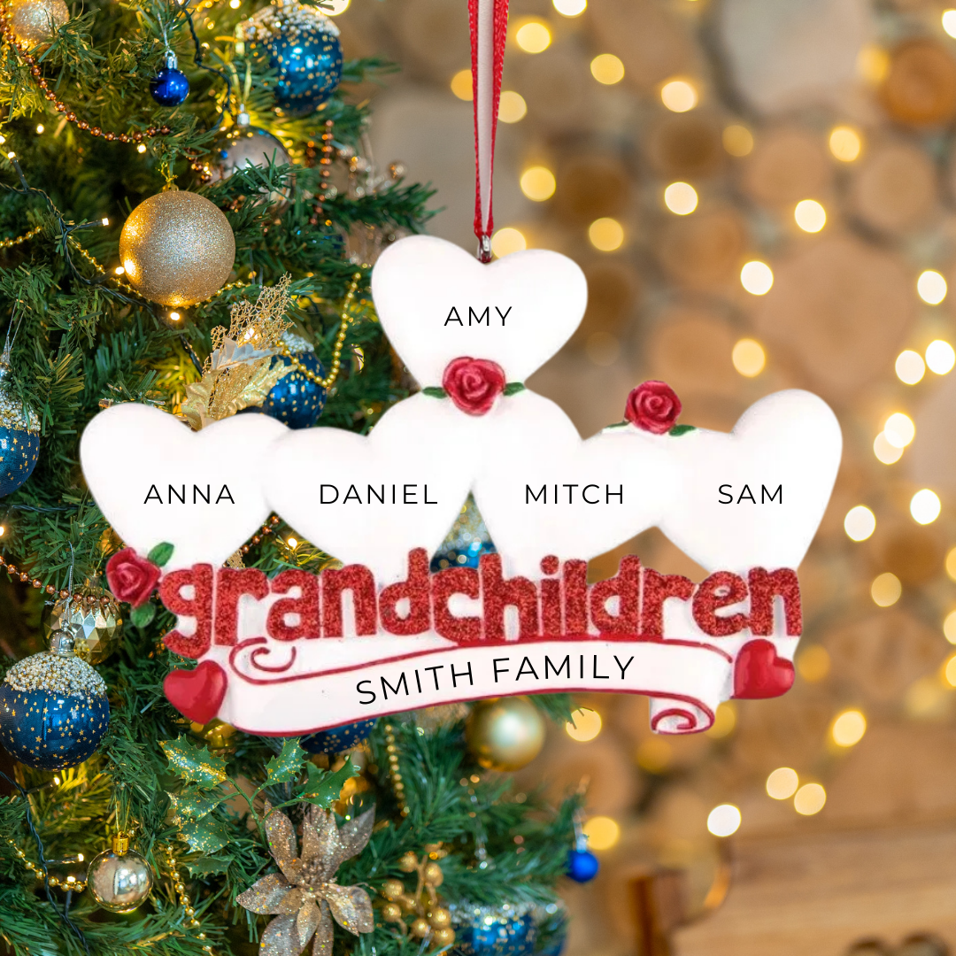 Personalized Grandchildren with Five Hearts Ornament - Custom Holiday Gift