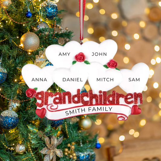 Personalized Grandchildren with Six Hearts Ornament - Custom Holiday Gift