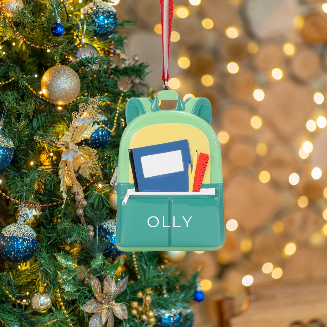 Personalized Green Backpack Ornament - Custom Holiday Gift