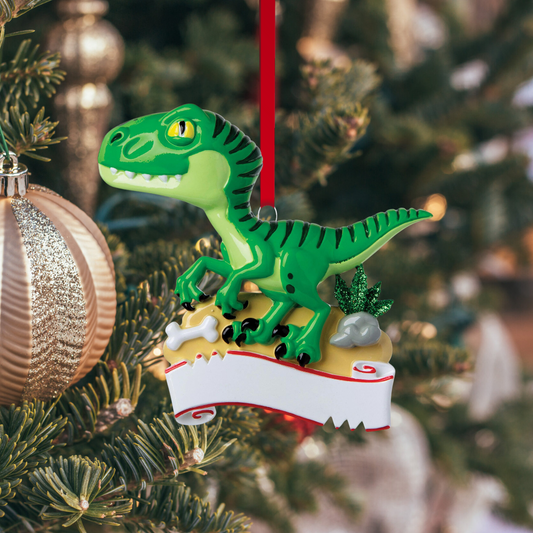 Personalized Green Raptor Dinosaur Ornament - Custom Holiday Gift