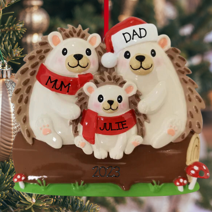 Personalized Hedgehog Family of 3 Ornament - Custom Holiday Gift