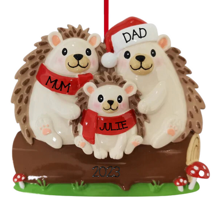 Personalized Hedgehog Family of 3 Ornament - Custom Holiday Gift