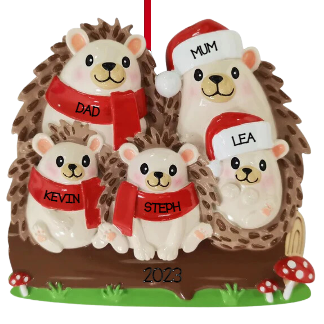 Personalized Hedgehog Family of 5 Ornament - Custom Holiday Gift