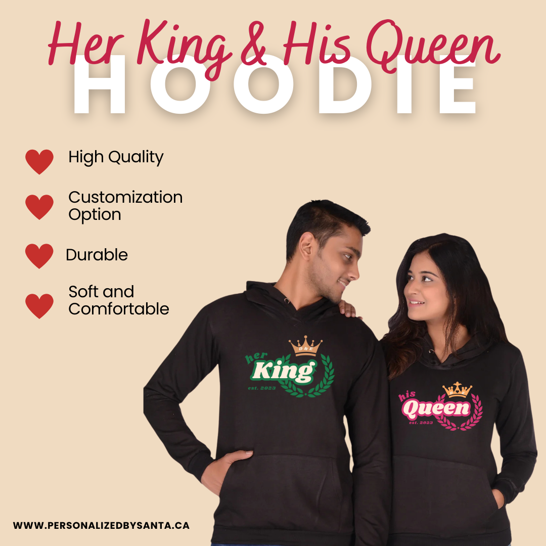 Her King and His Queen Couple Hoodie | Custom Holiday Gift | Personalized by Santa 