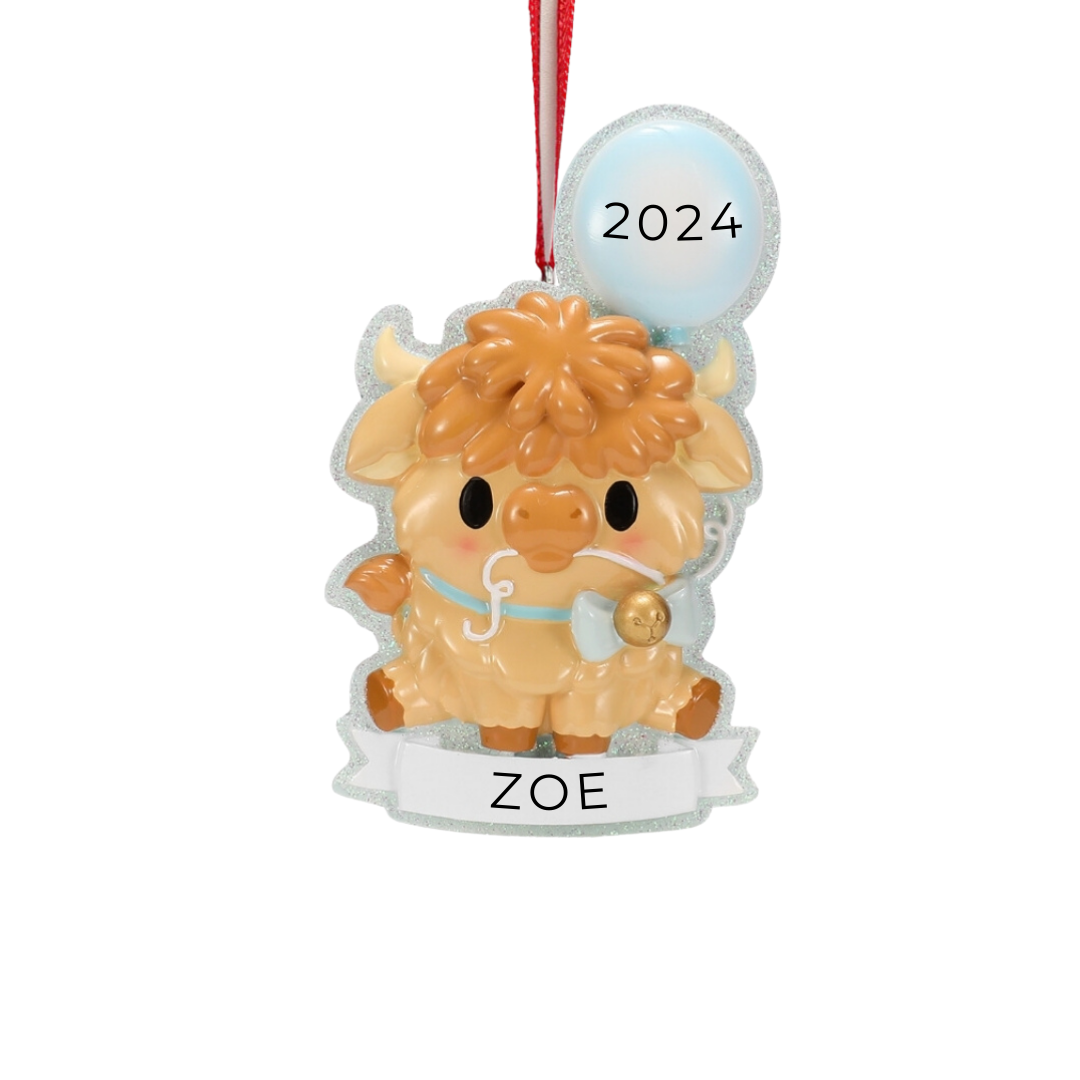 Personalized Highland Cow Cutesy- Blue Ornament - Custom Holiday Gift