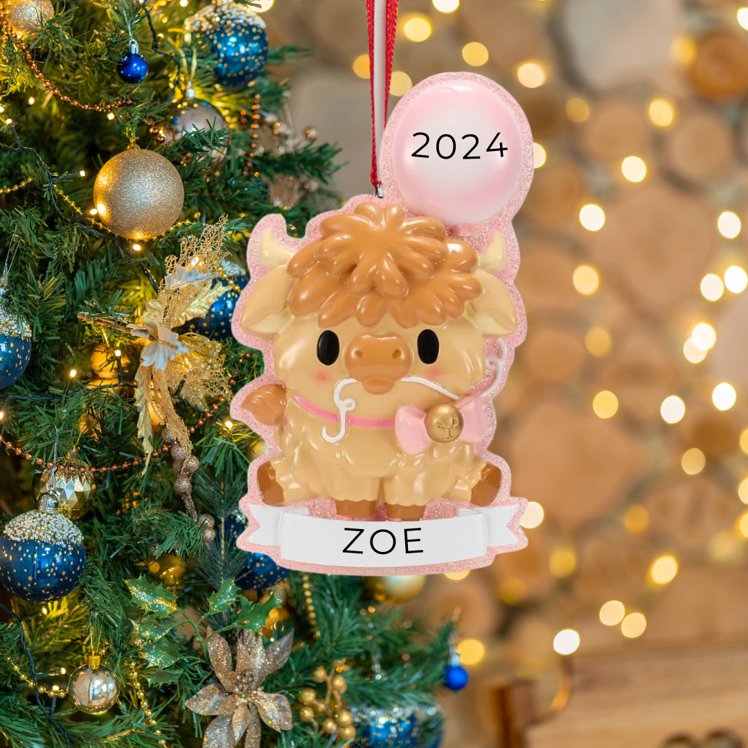 Personalized Highland Cow Cutesy- Pink Ornament - Custom Holiday Gift