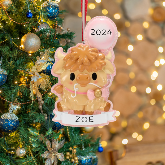 Personalized Highland Cow Cutesy- Pink Ornament - Custom Holiday Gift