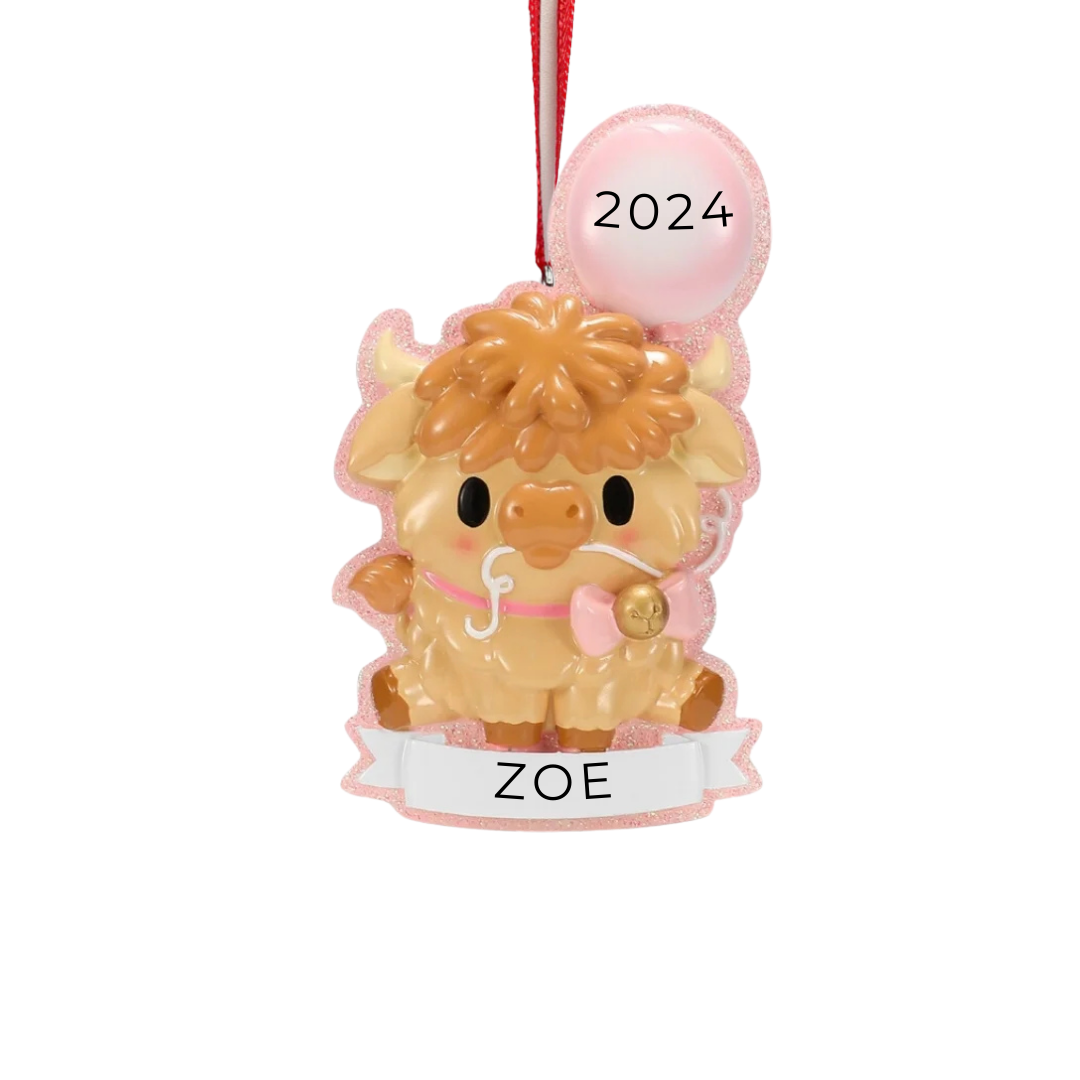 Personalized Highland Cow Cutesy- Pink Ornament - Custom Holiday Gift