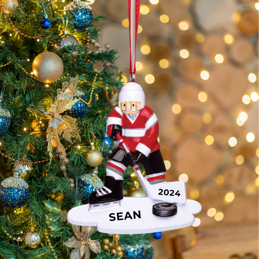 Personalized Hockey Player Red Ornament - Custom Holiday Gift