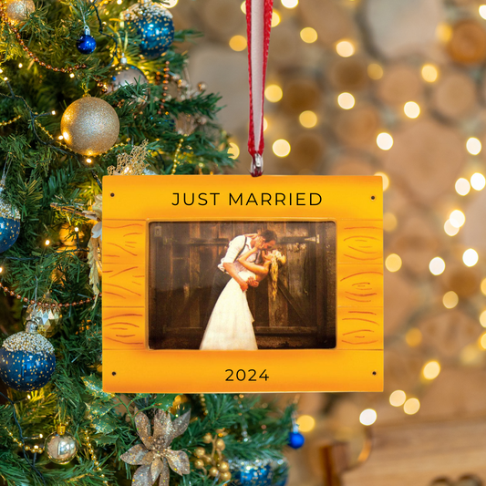 Personalized Just Married Rustic Frame Ornament - Custom Holiday Gift