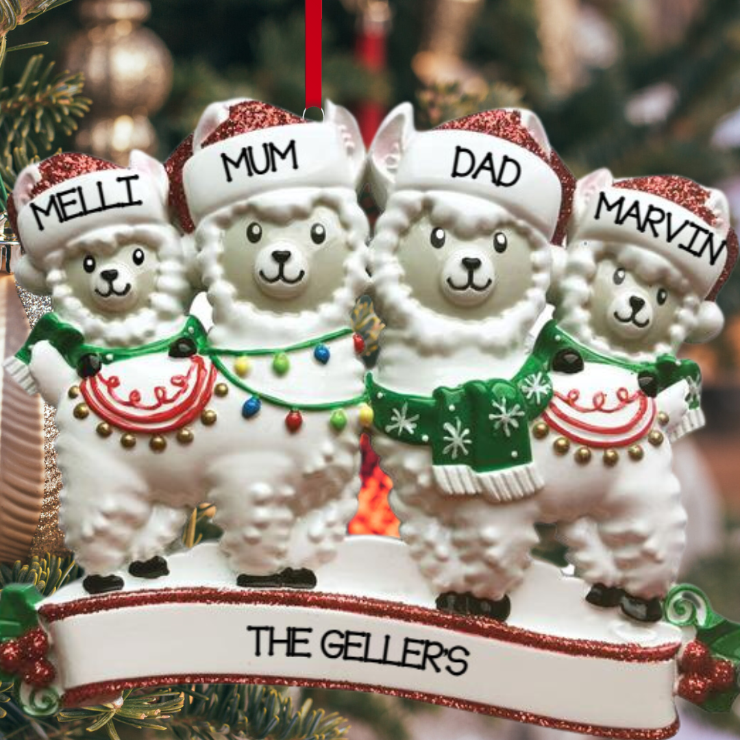 Personalized Llama Family of 4 Ornament - Custom Holiday Gift