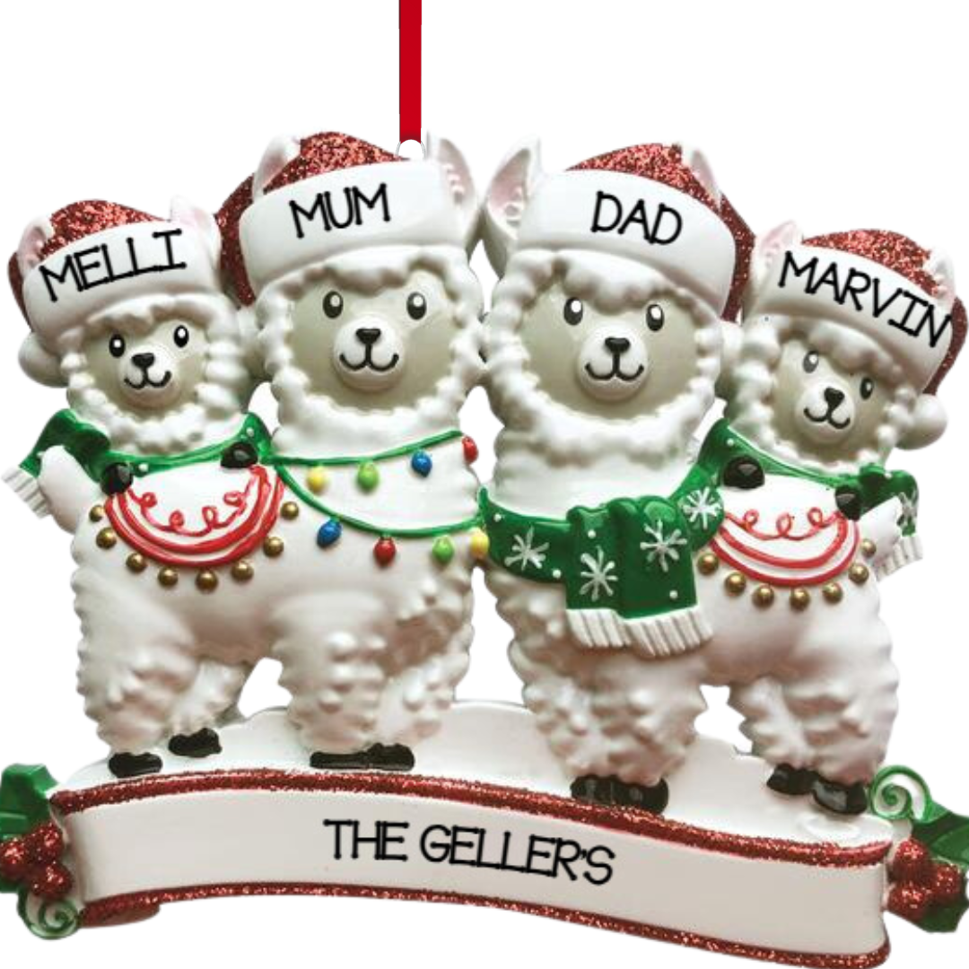 Personalized Llama Family of 4 Ornament - Custom Holiday Gift