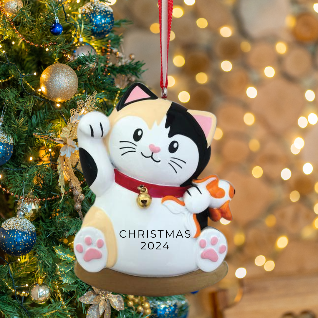 Personalized Lucky Cat Maneki Neko Ornament - Custom Holiday Gift