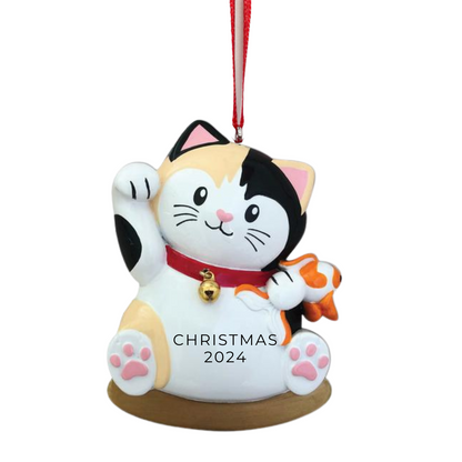 Personalized Lucky Cat Maneki Neko Ornament - Custom Holiday Gift