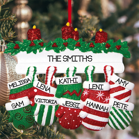 Personalized Mitten Family of 10 Ornament - Custom Holiday Gift