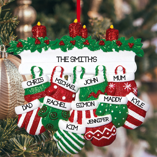 Personalized Mitten Family of 11 Ornament - Custom Holiday Gift