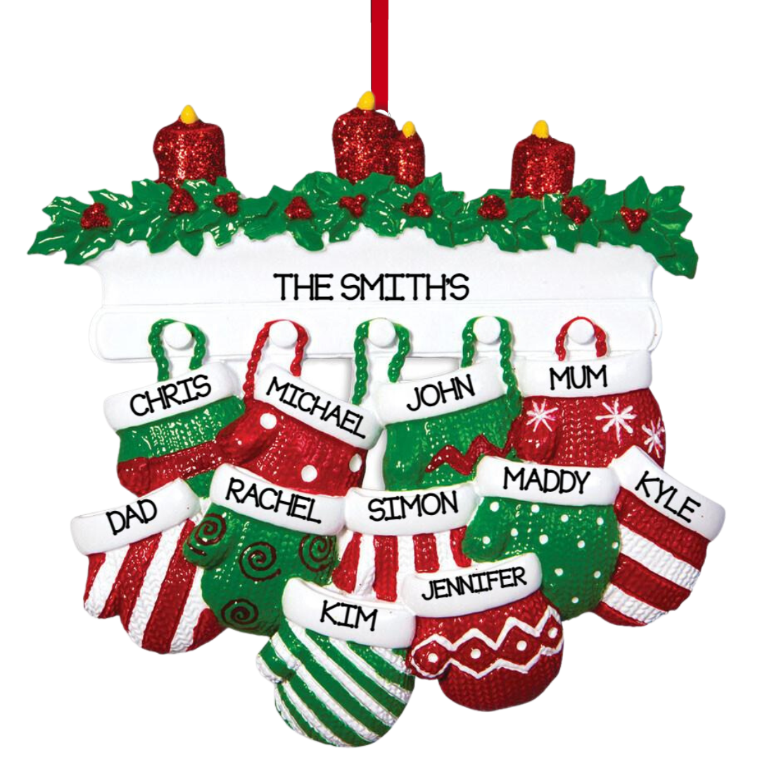 Personalized Mitten Family of 11 Ornament - Custom Holiday Gift