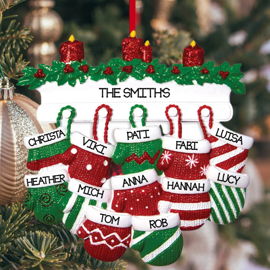 Personalized Mitten Family of 12 Ornament - Custom Holiday Gift