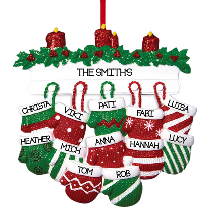 Personalized Mitten Family of 12 Ornament - Custom Holiday Gift