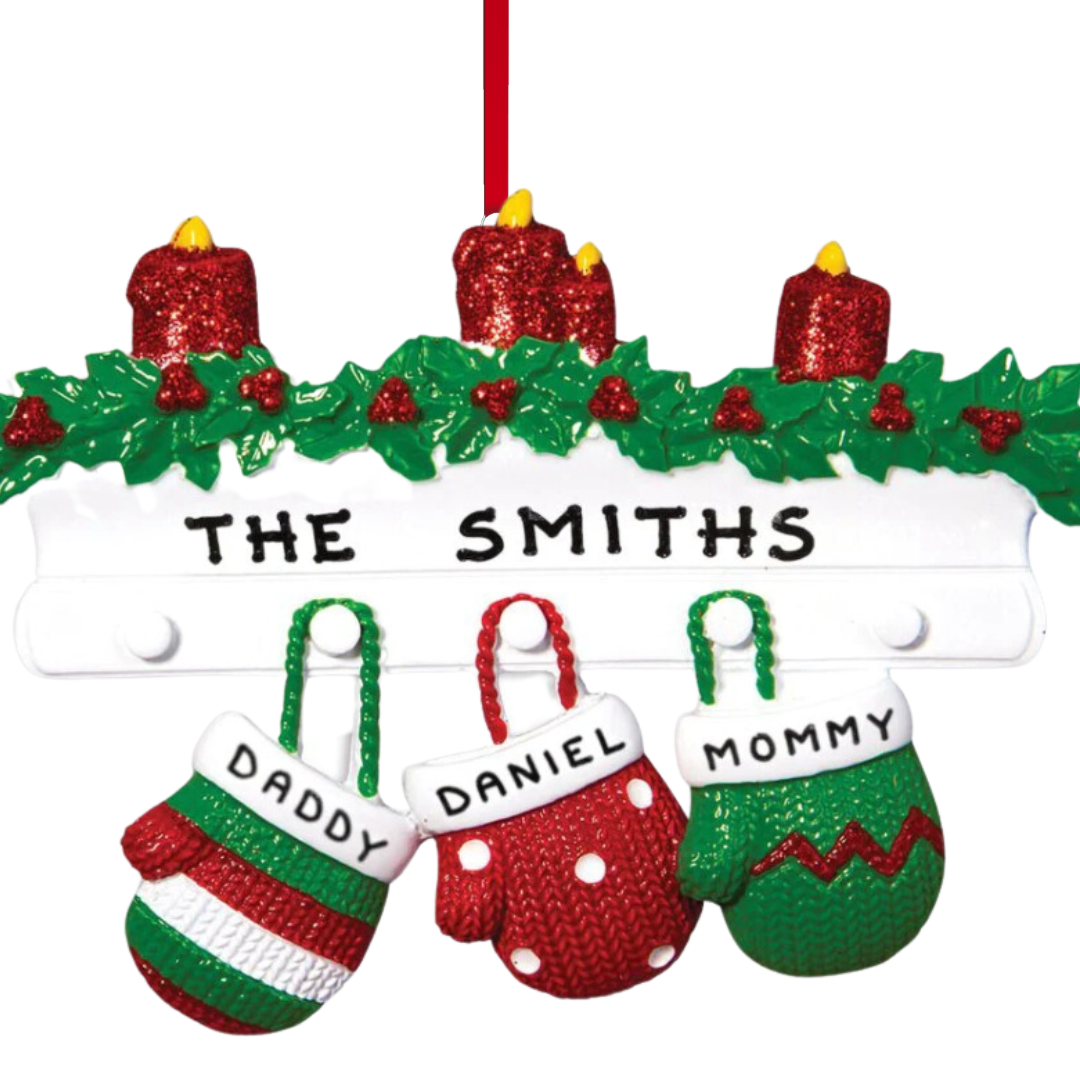 Personalized Mitten Family of 3 Ornament - Custom Holiday Gift