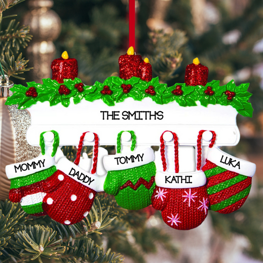 Personalized Mitten Family of 5 Ornament - Custom Holiday Gift