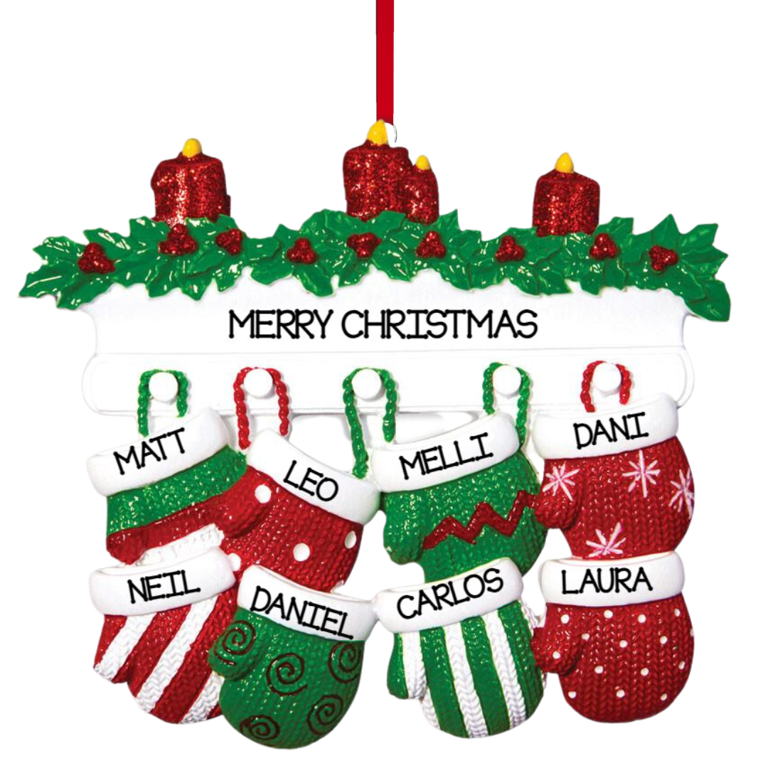 Personalized Mitten Family of 8 Ornament - Custom Holiday Gift