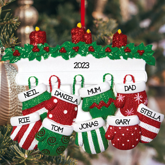 Personalized Mitten Family of 9 Ornament - Custom Holiday Gift